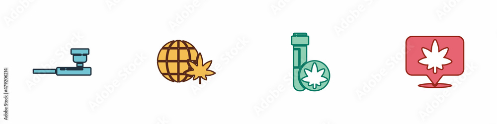 Set Smoking pipe, Legalize marijuana globe, Chemical test tube with and Location and cannabis icon. Vector Set Smoking pipe, Legalize marijuana globe, Chemical test tube with and Location and cannabis icon. Vector