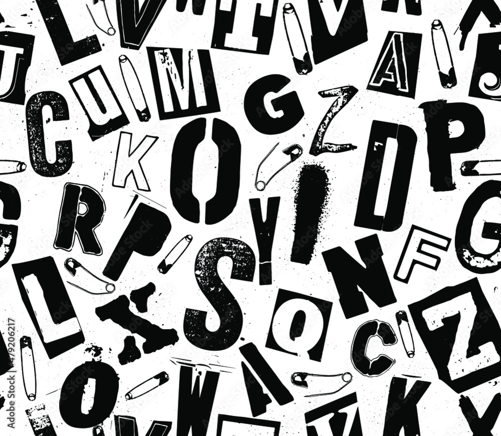 Punk vector alphabet black typography specimen seamless pattern for grunge font flyers and posters design on white background. Punk vector alphabet black typography specimen seamless pattern for grunge font flyers and posters design on white background.