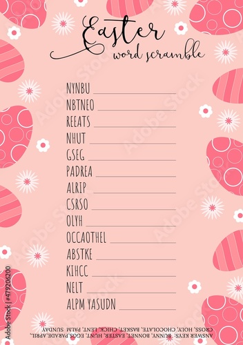 Easter word scramble. Educational game. Holiday crossword  worksheet. Party card. Fun printable spring  activities.