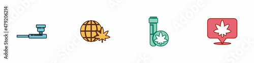 Set Smoking pipe, Legalize marijuana globe, Chemical test tube with and Location and cannabis icon. Vector