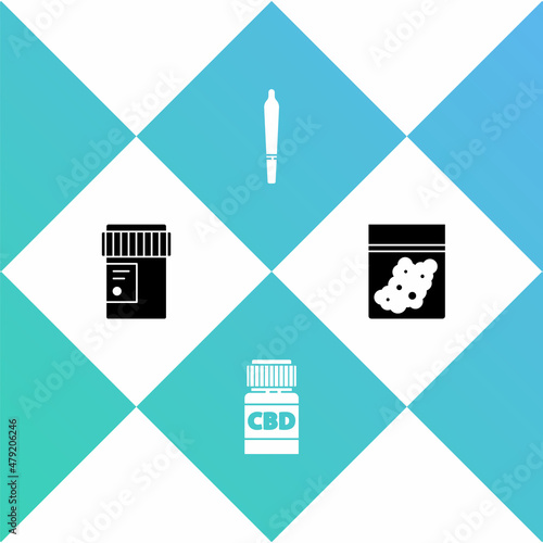 Set Medical bottle with cannabis, , Marijuana joint and Plastic bag of icon. Vector