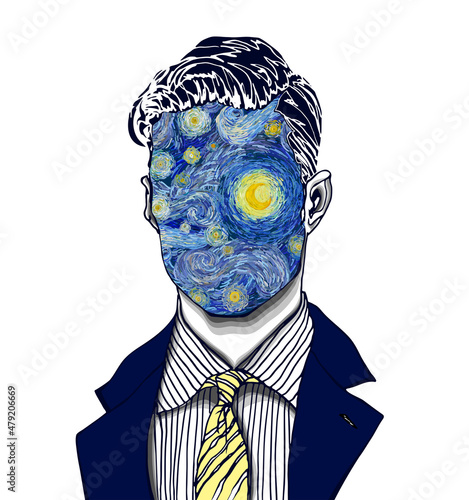 Hand drawn portrait of a strange handsome man with starry sky face with swirling clouds, stars, twirls and moon head in modern and surreal tattoo art. Isolated vector illustration.