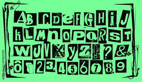 Punk typography vector alphabet and numbers. Type specimen set for grunge font flyers and posters or ransom note style designs.