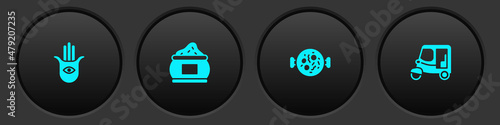 Set Hamsa hand, Indian spice, Chicken tikka masala and Taxi tuk tuk icon. Vector