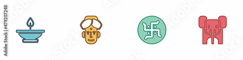 Set Aroma lamp, Indian man, Hindu swastika and Elephant icon. Vector