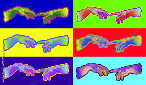 Vector hand drawn illustration of hands reaching in colorful dot halftone pop art style.