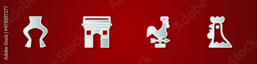 Set Frog legs, Triumphal Arch, Rooster weather vane and French rooster icon. Vector