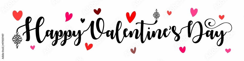 Happy Valentine's day text, handwritten black typography with colorful hearts sprinkle on white background. I Romantic quote postcard, card, invitation, banner Template.