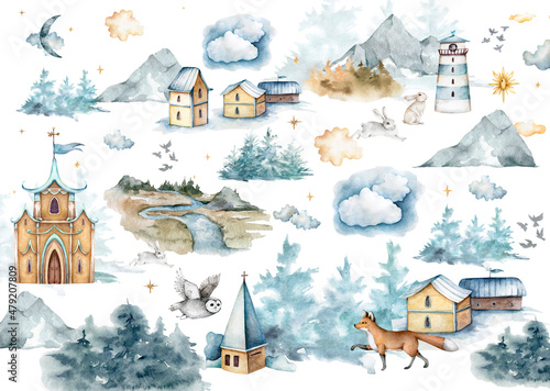 Watercolor illustration with winter house and castl,sun, forest, fox, clouds, mountain, church and Lighthouse in pastel colours.