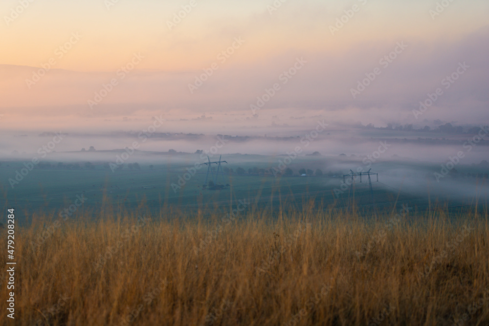 Autumn morning fog landscape