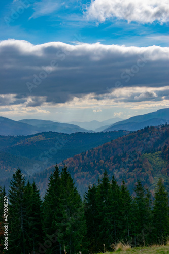 Autumn landscape with cloudy cold weather in carpathian mountains © Ruslan