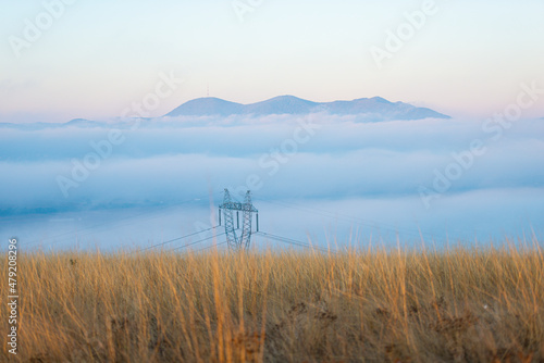 Autumn morning fog landscape