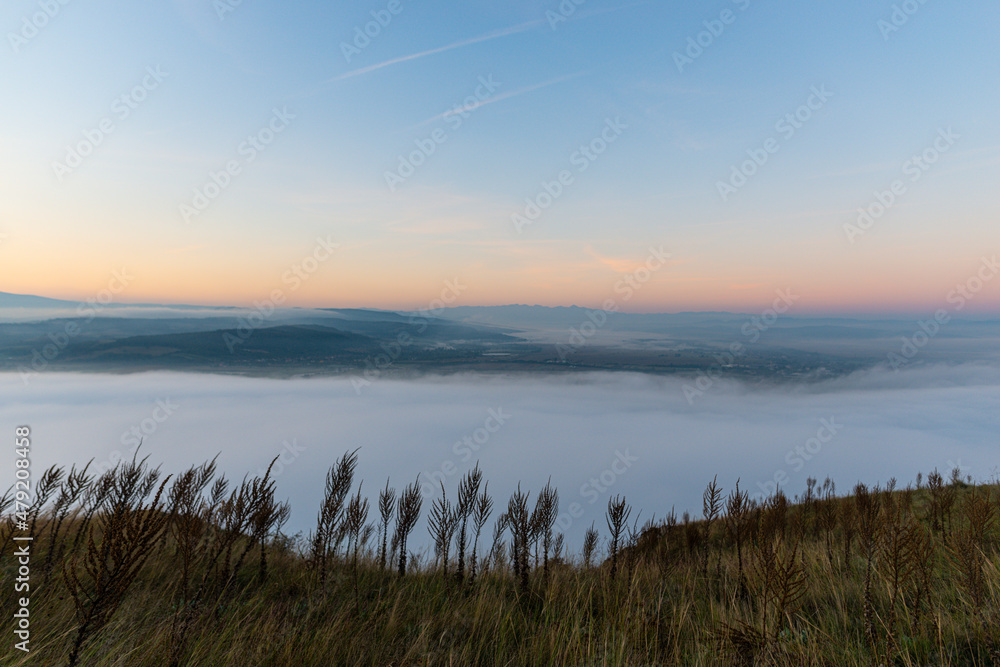 Autumn morning fog landscape