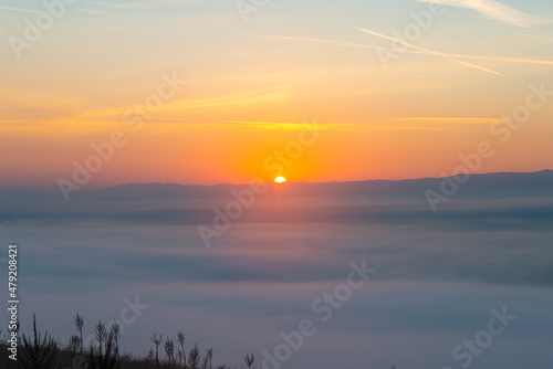 Autumn morning fog landscape