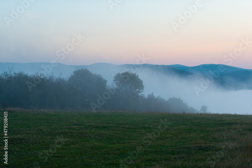 Autumn morning fog landscape