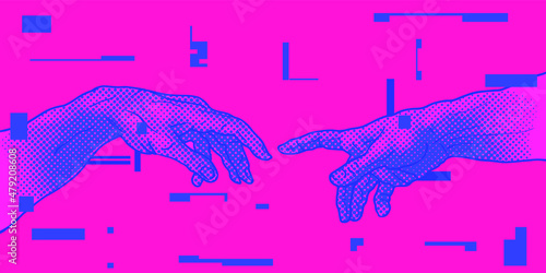 Vector hand drawn illustration from oh hands reaching for each other in colorful pink and blue vaporwave style halftone dot screen-printing.