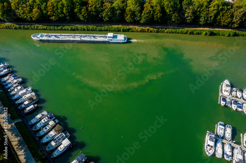 Aerial view Rhine-Herne Canal, Waltrop, Cargo ship, North Rhine-Westphalia, Germany photo