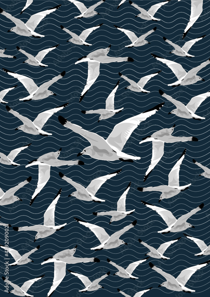 Fototapeta premium Gulls and Sea Textiles Pattern