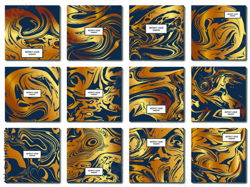 Vector template set of abstract liquid golden ink texture in the style of marbled paper on dark blue background.