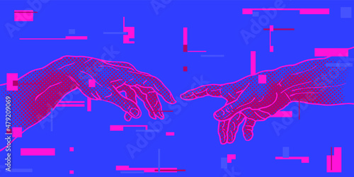 Vector hand drawn illustration from oh hands reaching for each other in colorful pink and blue vaporwave style halftone dot screen-printing.