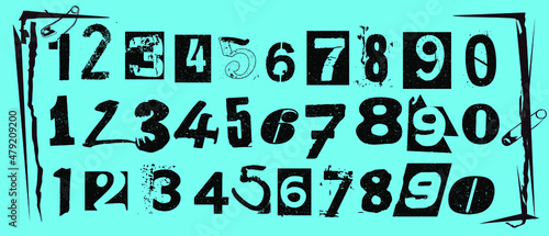Punk typography vector numbers design collection. Dirty textured type specimen set of numeric characters from 1 to 0 for grunge font flyers and posters design or ransom note designs.
