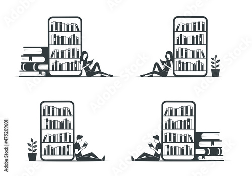 Reading books. Online book store. Flat vector illustration. Isolated on white background.