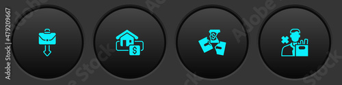Set Briefcase, Hanging sign with Sale, Tearing money banknote and Employee dismissal icon. Vector