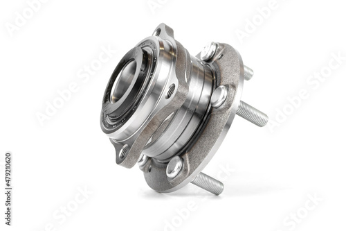 Car hub in silver color, isolated on a white background, hub friction bearing for wheel