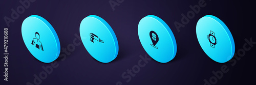 Set Isometric Diving watch, Scallop sea shell, Fishing harpoon and Wetsuit for scuba diving icon. Vector