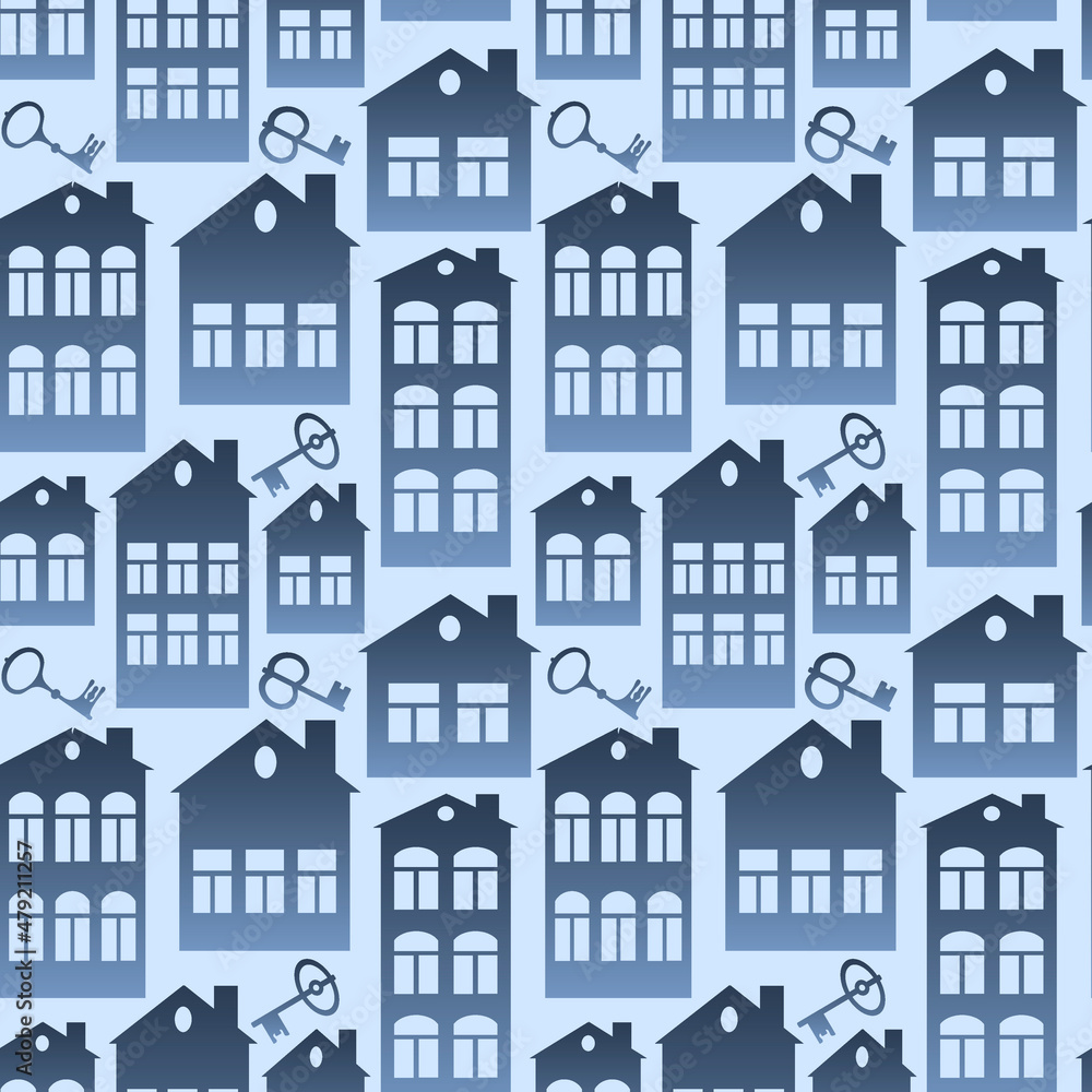 Seamless pattern on a square background on the theme of real estate (rent or sale) - houses and keys. Design element of books, notebooks, postcards, interior items. Wallpapers, textiles, packaging