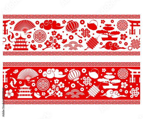 Oriental chinese seamless border set. Traditional Asian objects, paper lanterns, clouds, fans, fish, auspicious symbols etc. Red and white colours. Vector illustration.