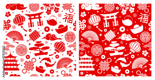Set of oriental chinese seamless patterns. Traditional Asian objects, paper lanterns, clouds, fans, fish, auspicious symbols etc. Red and white colours. Vector illustration.