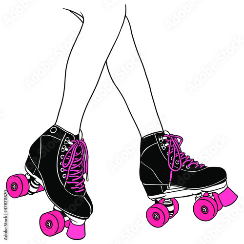 Pink roller skates on legs. Roller skating. Vector illustration for printing and cutting files svg