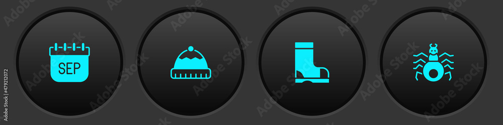 Set September calendar autumn, Winter hat, Waterproof rubber boot and Spider icon. Vector Set September calendar autumn, Winter hat, Waterproof rubber boot and Spider icon. Vector