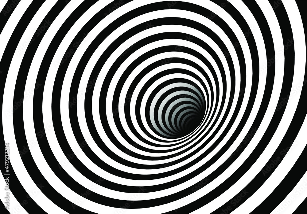 Fototapeta premium Vector shaded 3D illustration of tunnel vortex view with geometrical hypnotic black and white stripes flowing inside a hole.
