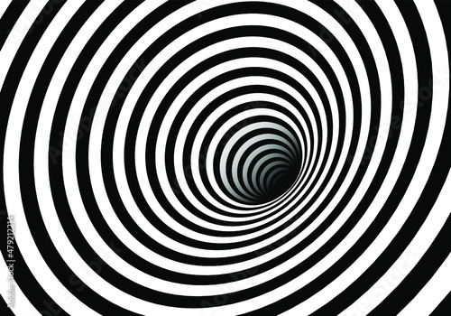Vector shaded 3D illustration of tunnel vortex view with geometrical hypnotic black and white stripes flowing inside a hole.
