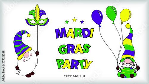 Hand drawn mardi gras party invitation with gnomes, carnival mask and balloons. Vector illustration.