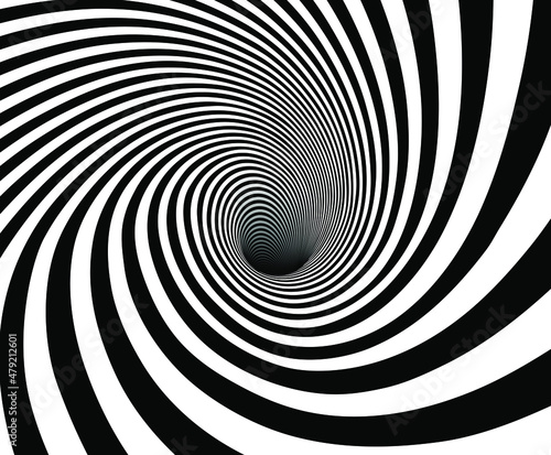 Vector optical art illusion of striped geometric black and white abstract line surface flowing like a hypnotic worm-hole tunnel. Optical illusion style design.