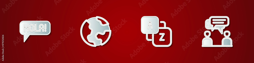 Set Hola in different languages, Earth globe, Vocabulary and Two sitting men talking icon. Vector Set Hola in different languages, Earth globe, Vocabulary and Two sitting men talking icon. Vector