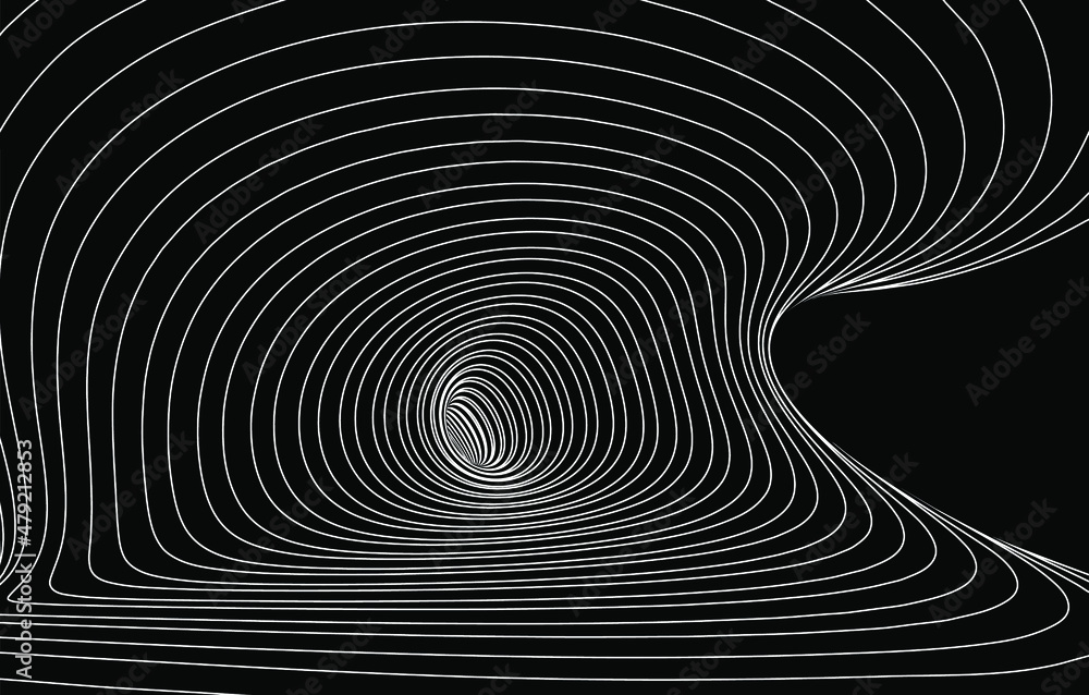 Vector optical art illusion of striped geometric black and white abstract line surface flowing like a hypnotic worm-hole tunnel. Optical illusion style design.