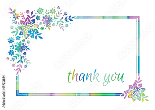 Thank you card with rainbow watercolor effect. Colorful floral design isolated on white background with border. Horizontal greeting card sized for 7x5. photo