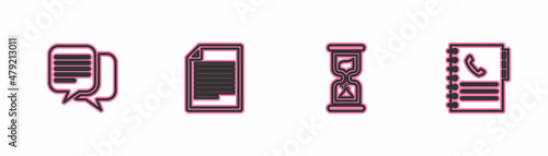Set line Chat, Old hourglass, Document and Phone book icon. Vector