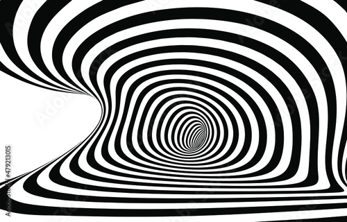 Vector optical art illusion of striped geometric black and white abstract surface flowing like a hypnotic worm-hole tunnel. Optical illusion style design.
