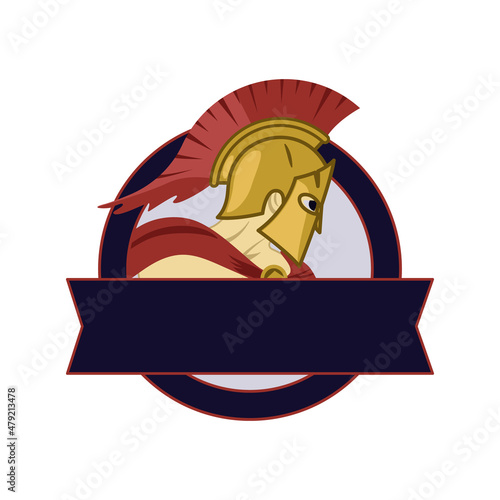 The logo is a Spartan in a helmet with an empty ribbon. Color vector illustration.
