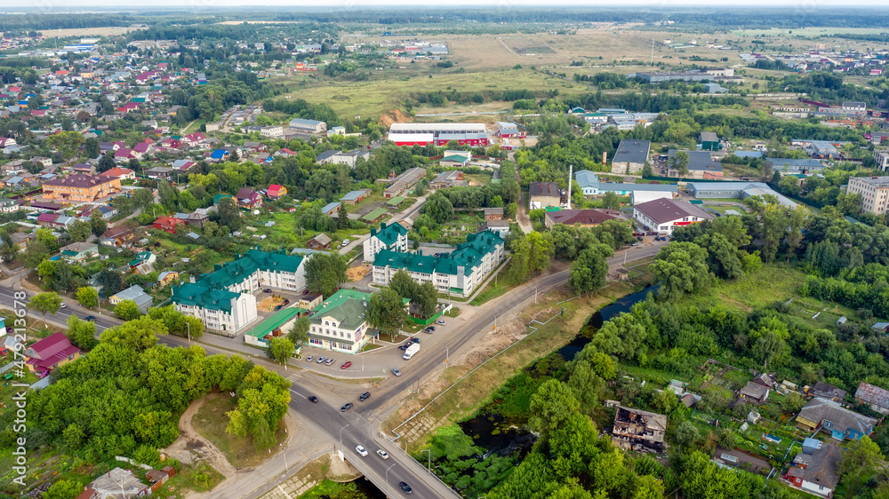 Top view of a scenic view from a drone on the city of Aleksandrov, one of the oldest cities in the Moscow region,