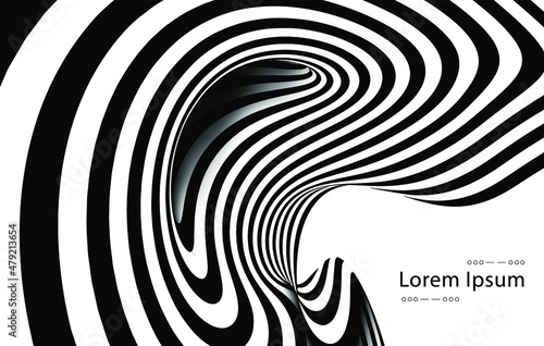 Vector optical art illusion of striped geometric black and white abstract surface flowing like a hypnotic worm-hole tunnel. Optical illusion style design.