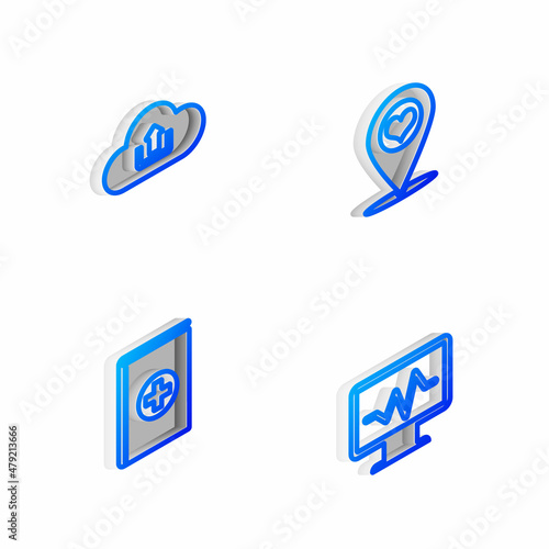 Set Isometric line Map pointer with heart  Cloud upload  Medical book and Monitor cardiogram icon. Vector