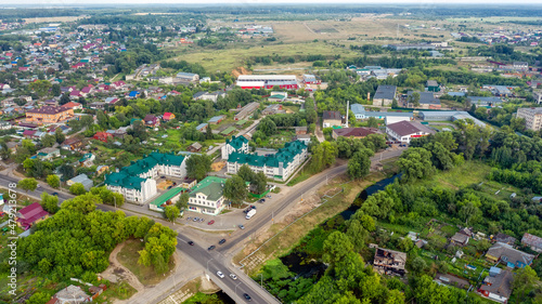 Top view of a scenic view from a drone on the city of Aleksandrov, one of the oldest cities in the Moscow region,