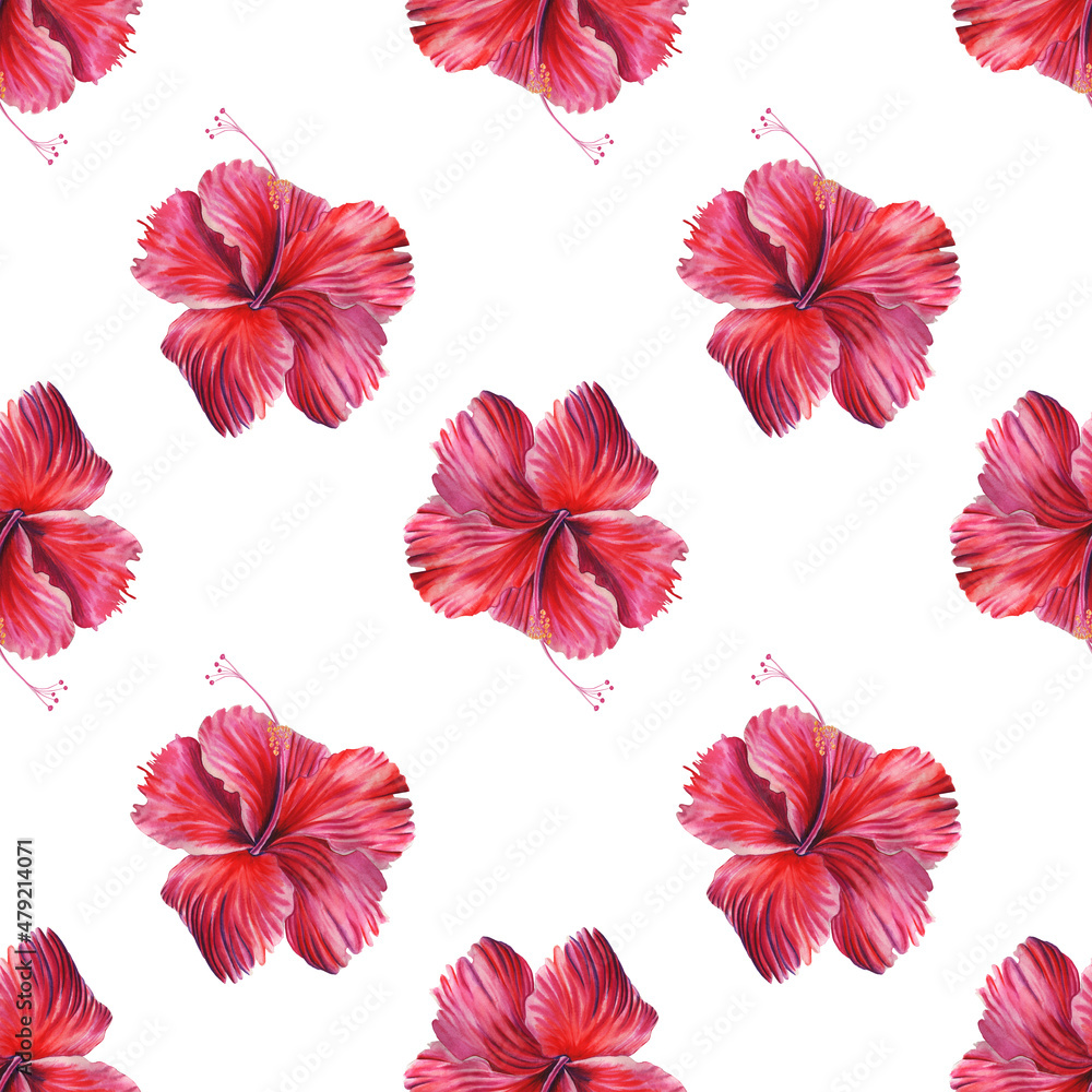 Red hibiscus watercolor seamless pattern. Hand drawn tropical print. For printing on fabric and wrapping paper