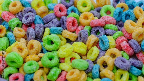 Colorful fruit sugary corn cereal rings. Highly detailed macro close up shot of this nutritious and delicious breakfast and snack favorite. 